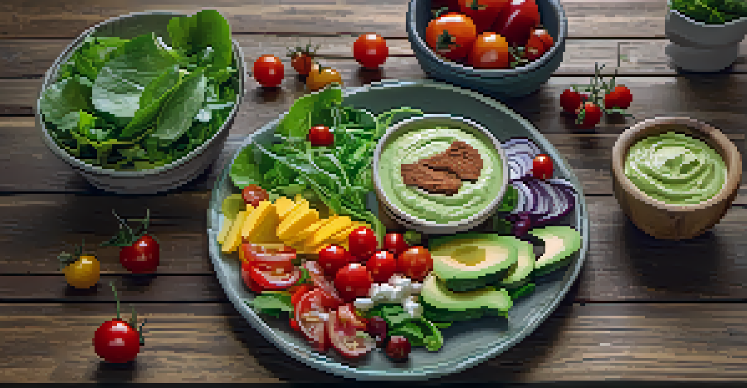 A colorful raw food salad with greens, tomatoes, and avocado dip on a rustic table, enhanced by soft natural lighting.