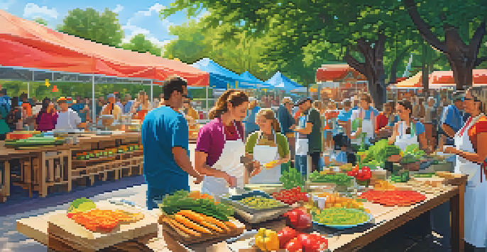 A lively food festival with colorful raw dishes on wooden tables and cheerful attendees participating in cooking demonstrations under dappled sunlight.