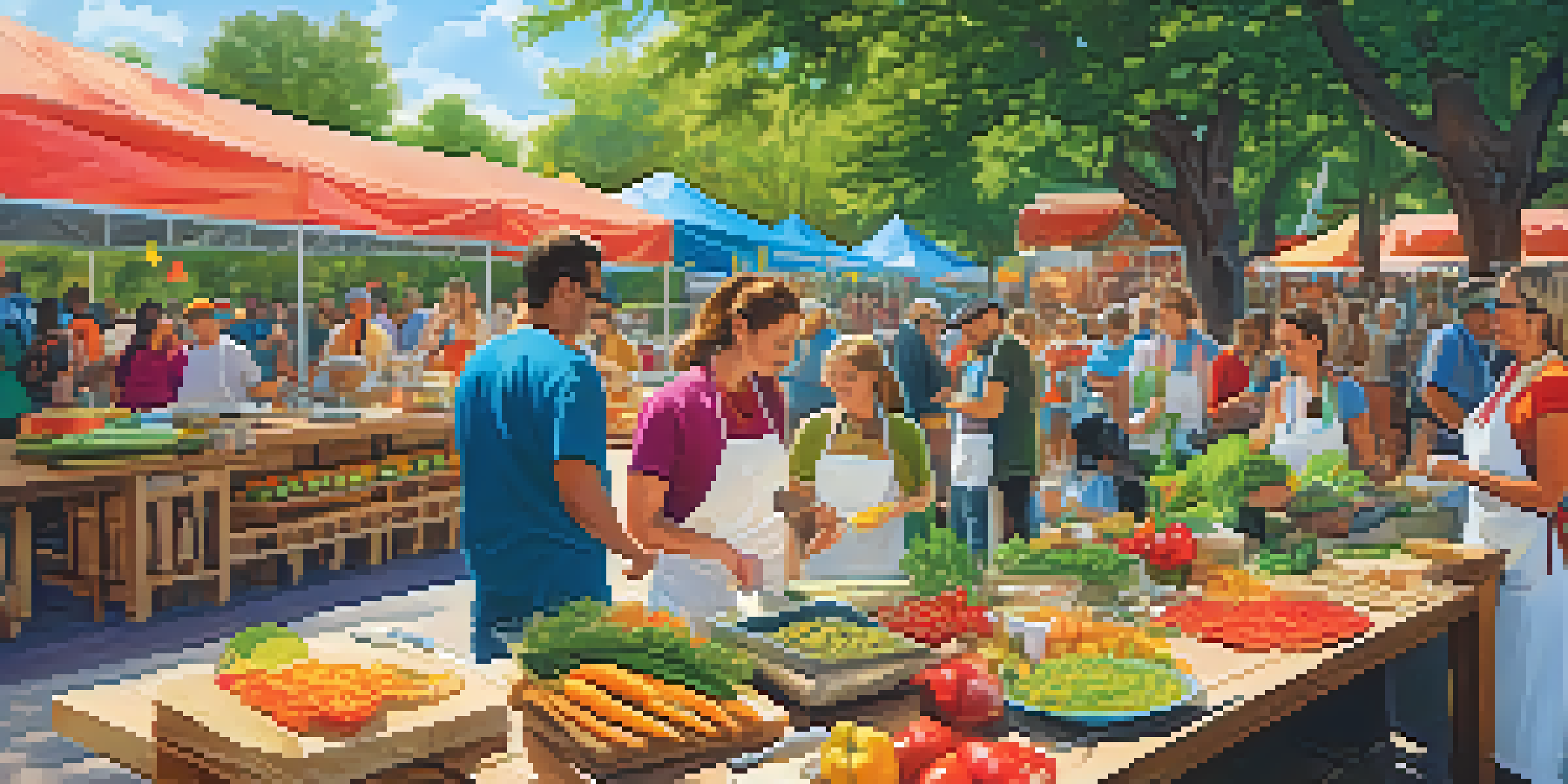 A lively food festival with colorful raw dishes on wooden tables and cheerful attendees participating in cooking demonstrations under dappled sunlight.