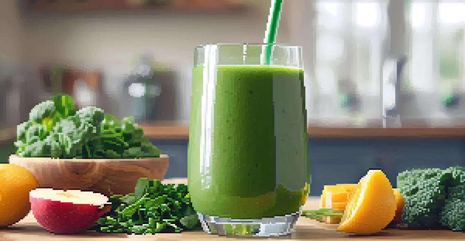 A close-up of a green smoothie surrounded by fresh raw ingredients like kale and fruits, set against a bright kitchen background.
