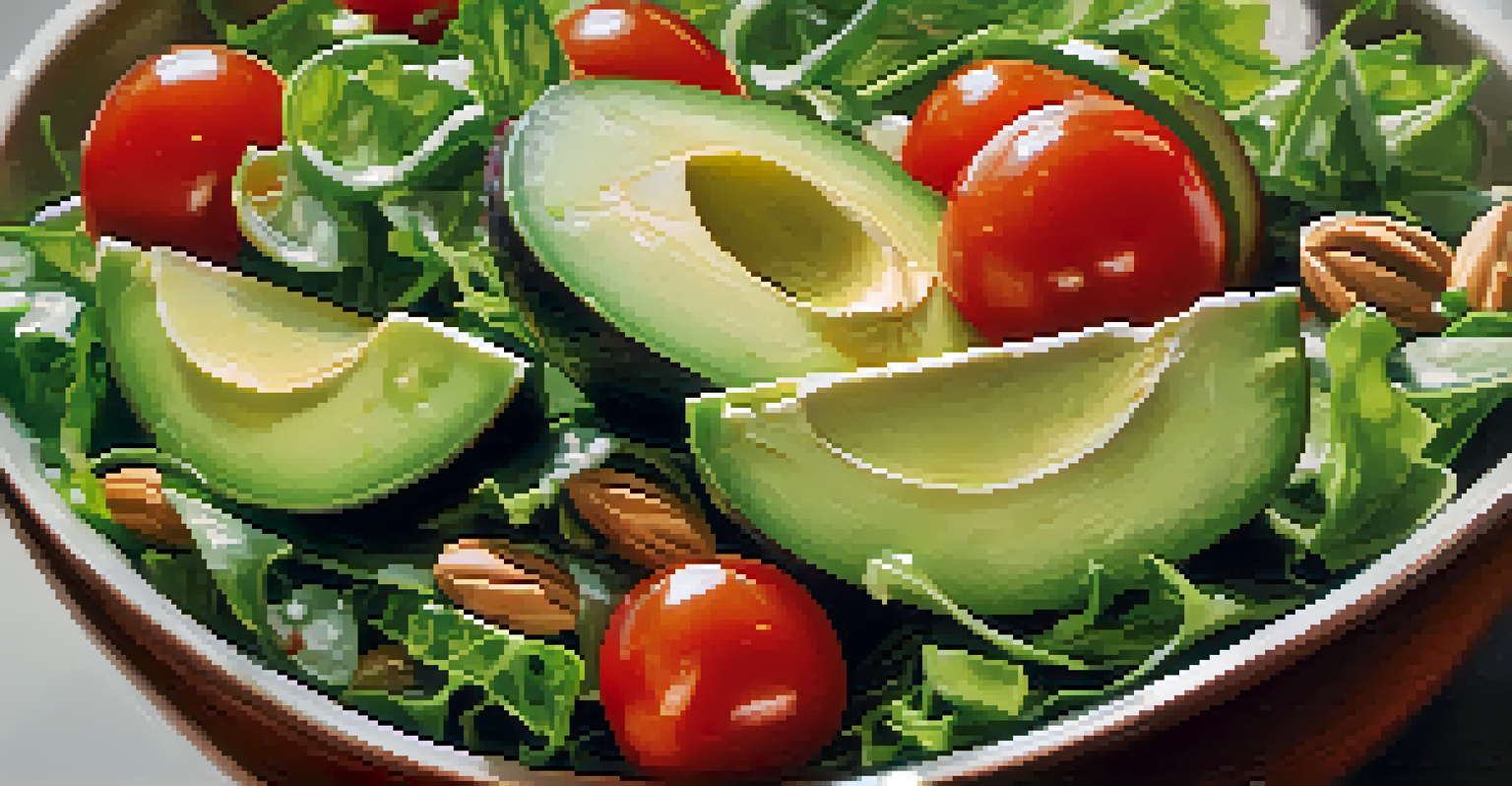 A close-up view of a colorful raw salad bowl filled with greens, tomatoes, cucumbers, and avocado, topped with nuts and dressing.