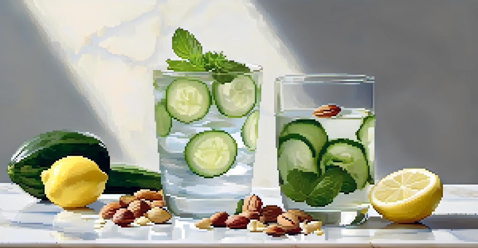 A glass of infused water with cucumber and lemon slices, surrounded by bowls of raw nuts and seeds on a marble countertop, all bathed in soft afternoon light.