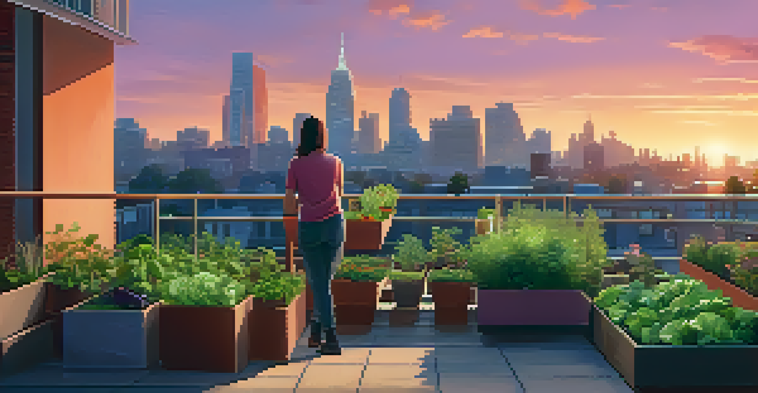 An urban rooftop garden with herbs and vegetables against a sunset skyline, showcasing the blend of nature and city life.