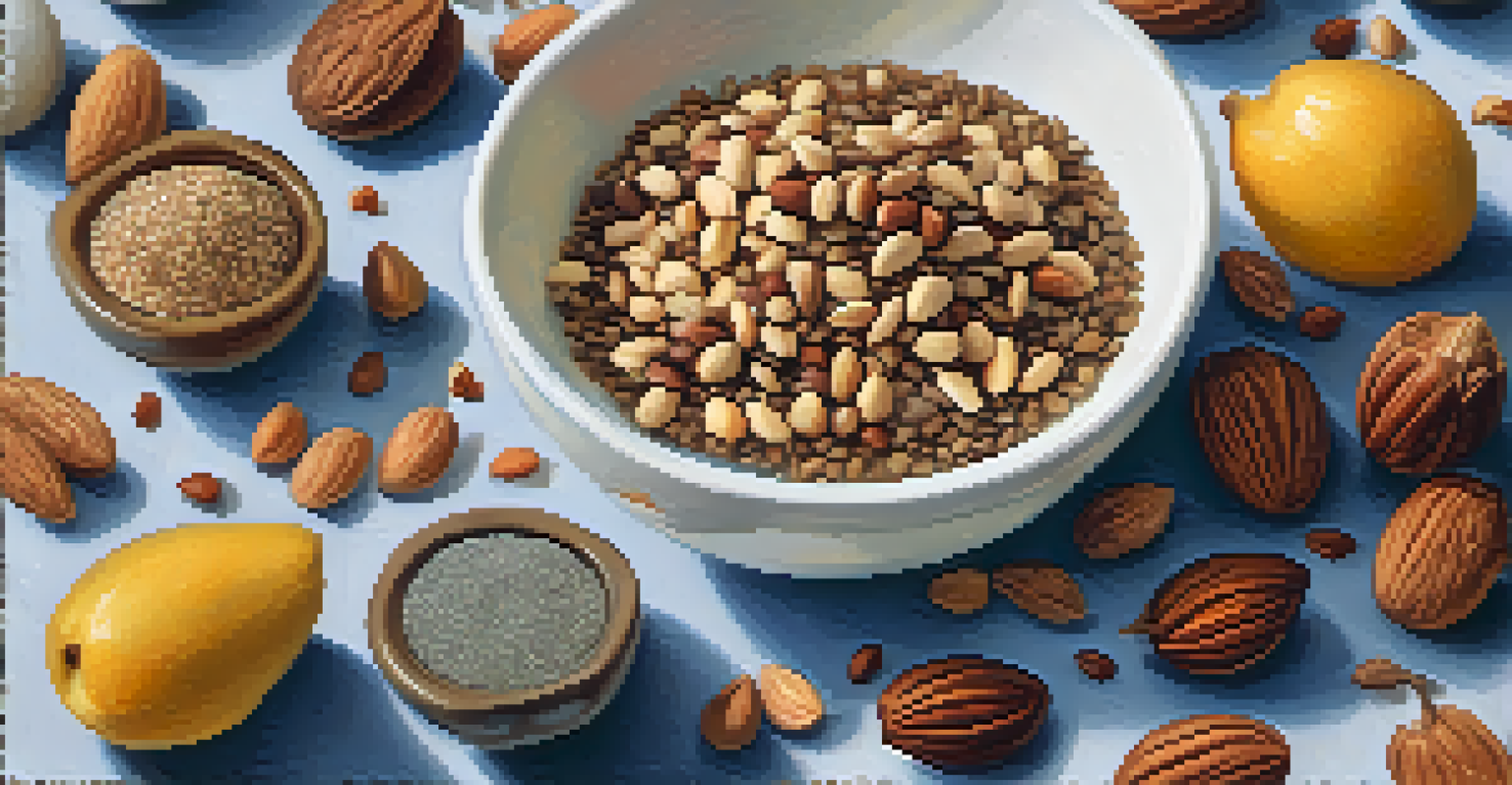 A wooden cutting board with raw nuts and seeds, and a bowl of chia pudding topped with fresh fruits.