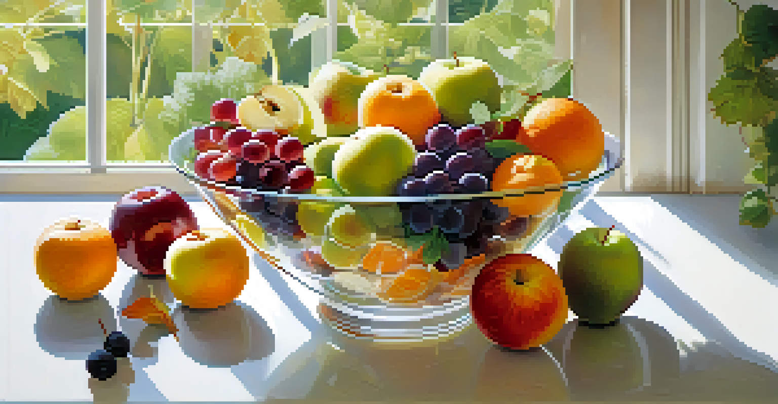 A clear glass bowl filled with a colorful fruit salad containing apples, oranges, and grapes.