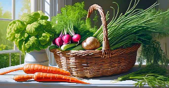A colorful garden scene with vegetables and herbs for fermentation, illuminated by sunlight filtering through leaves.