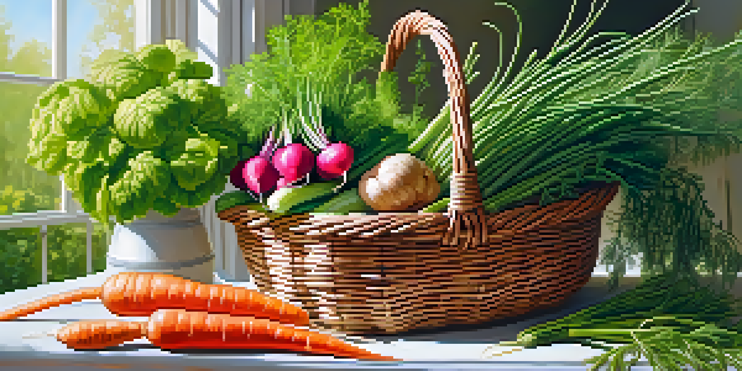 A colorful garden scene with vegetables and herbs for fermentation, illuminated by sunlight filtering through leaves.