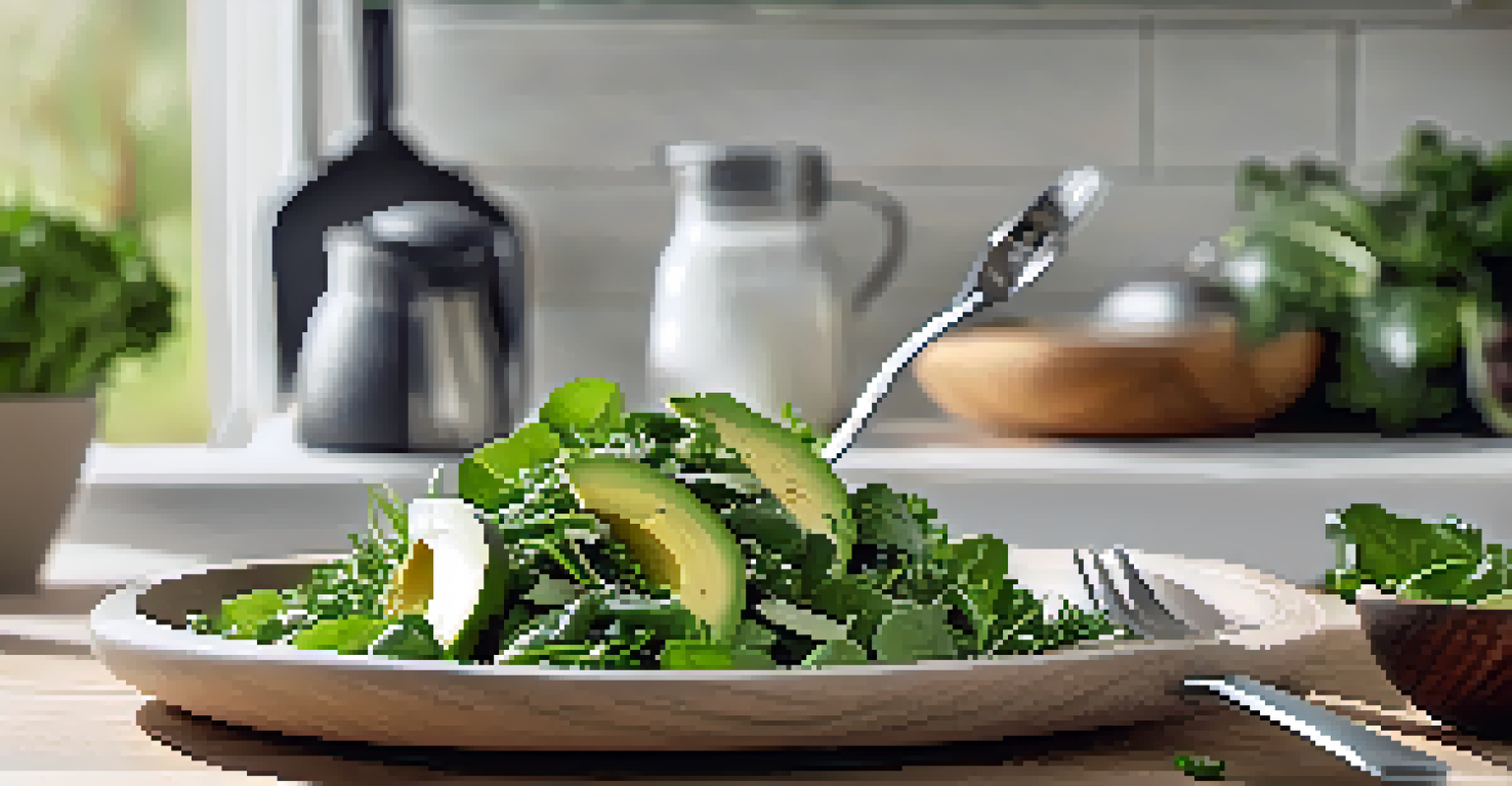A fresh green salad with spinach, kale, arugula, avocado slices, and chia seeds, presented on a white plate in a sunlit kitchen.