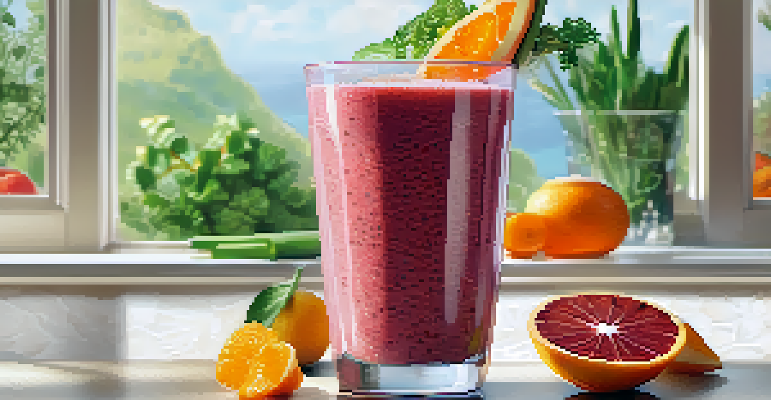 A close-up of a creamy smoothie topped with chia seeds and an orange slice, set in a sunny kitchen with greenery in the background.