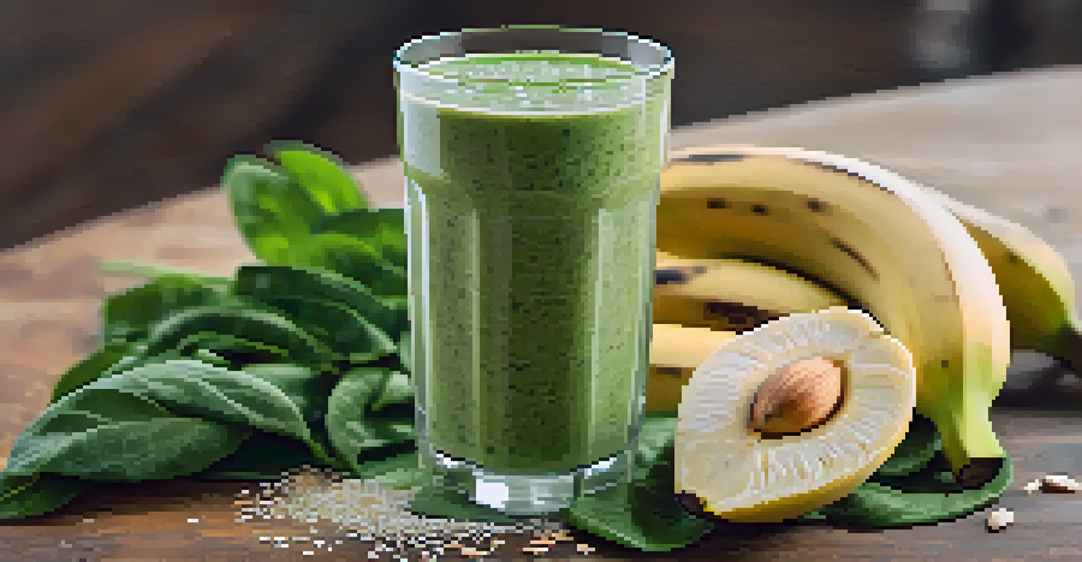 A close-up of a green smoothie in a clear glass, topped with chia seeds and banana slice, on a rustic wooden surface.