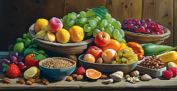 A colorful arrangement of fresh fruits, vegetables, nuts, and seeds on a rustic wooden table, illuminated by soft natural light.