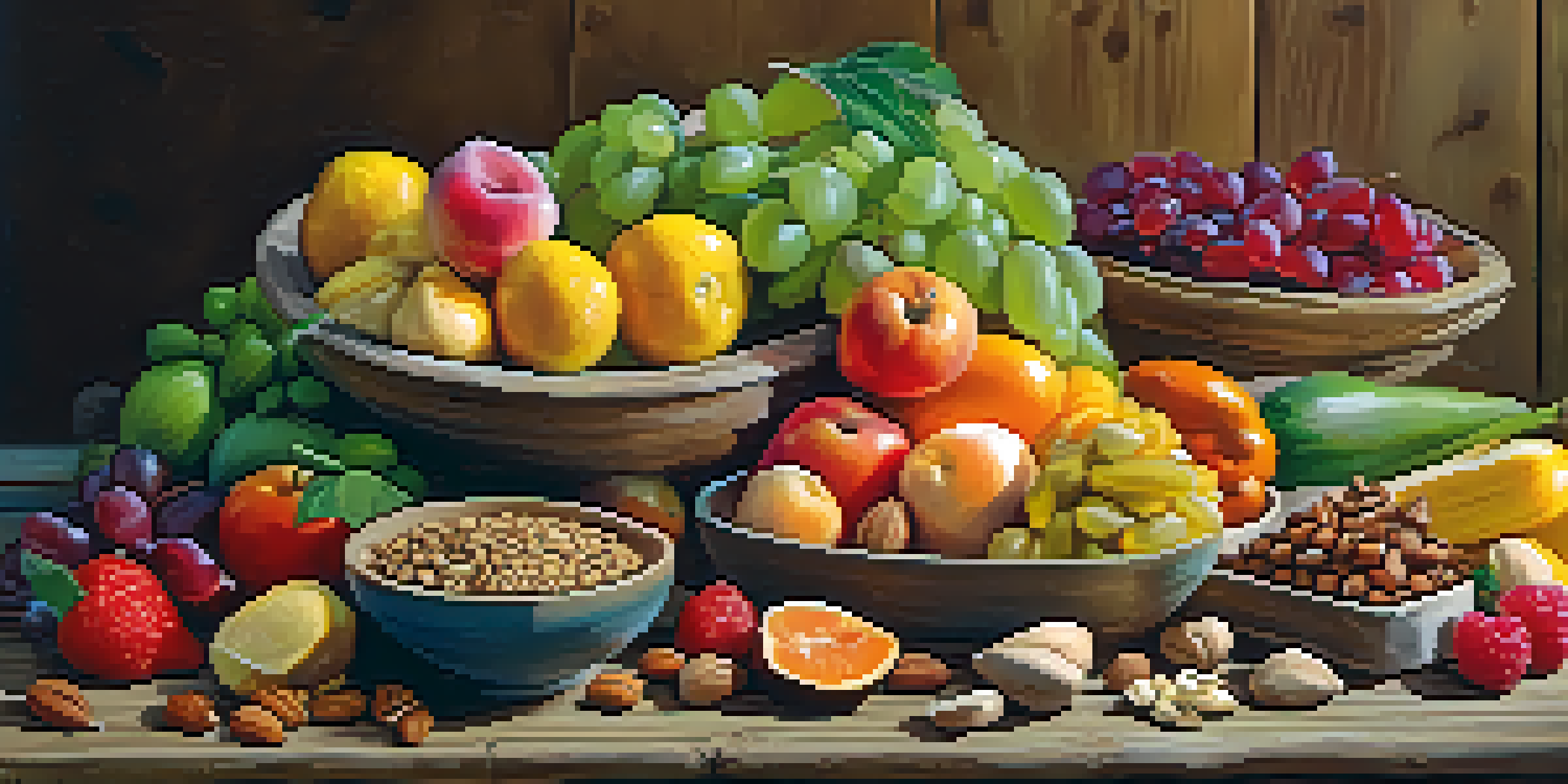 A colorful arrangement of fresh fruits, vegetables, nuts, and seeds on a rustic wooden table, illuminated by soft natural light.