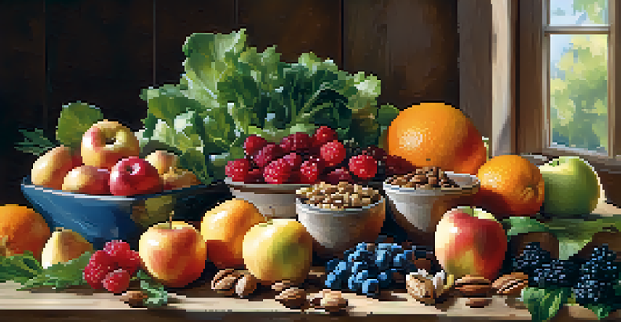 A colorful display of raw fruits, vegetables, and nuts on a wooden table, illuminated by soft sunlight.
