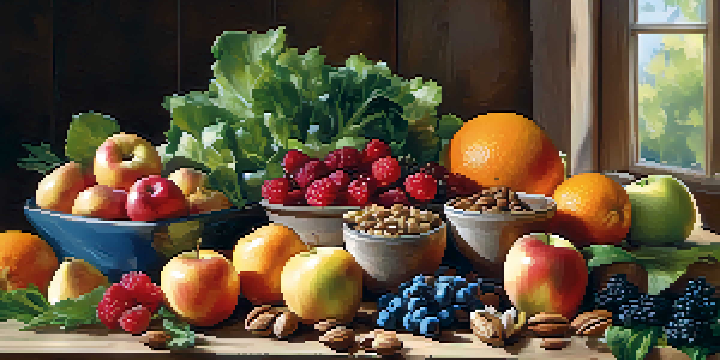 A colorful display of raw fruits, vegetables, and nuts on a wooden table, illuminated by soft sunlight.