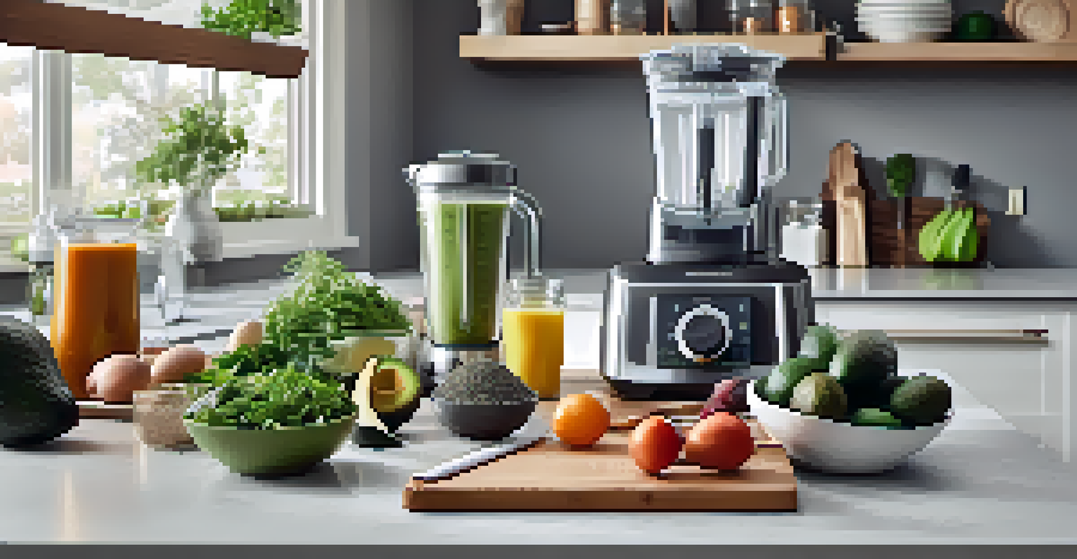 A kitchen countertop with a blender, food processor, and fresh ingredients for raw food preparation.