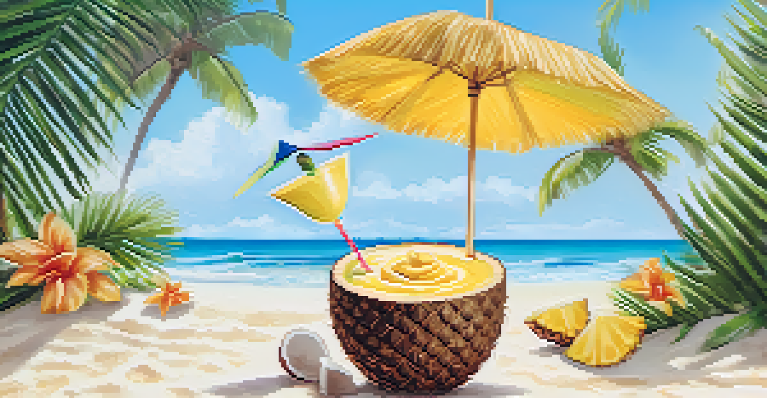 A coconut shell filled with a tropical smoothie made from pineapple and coconut, garnished with a slice of pineapple and an umbrella, set against a beach background.