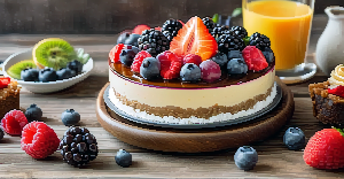 A platter of assorted raw desserts including cheesecakes, energy balls, and fruit tarts, displayed on a wooden table with natural light.