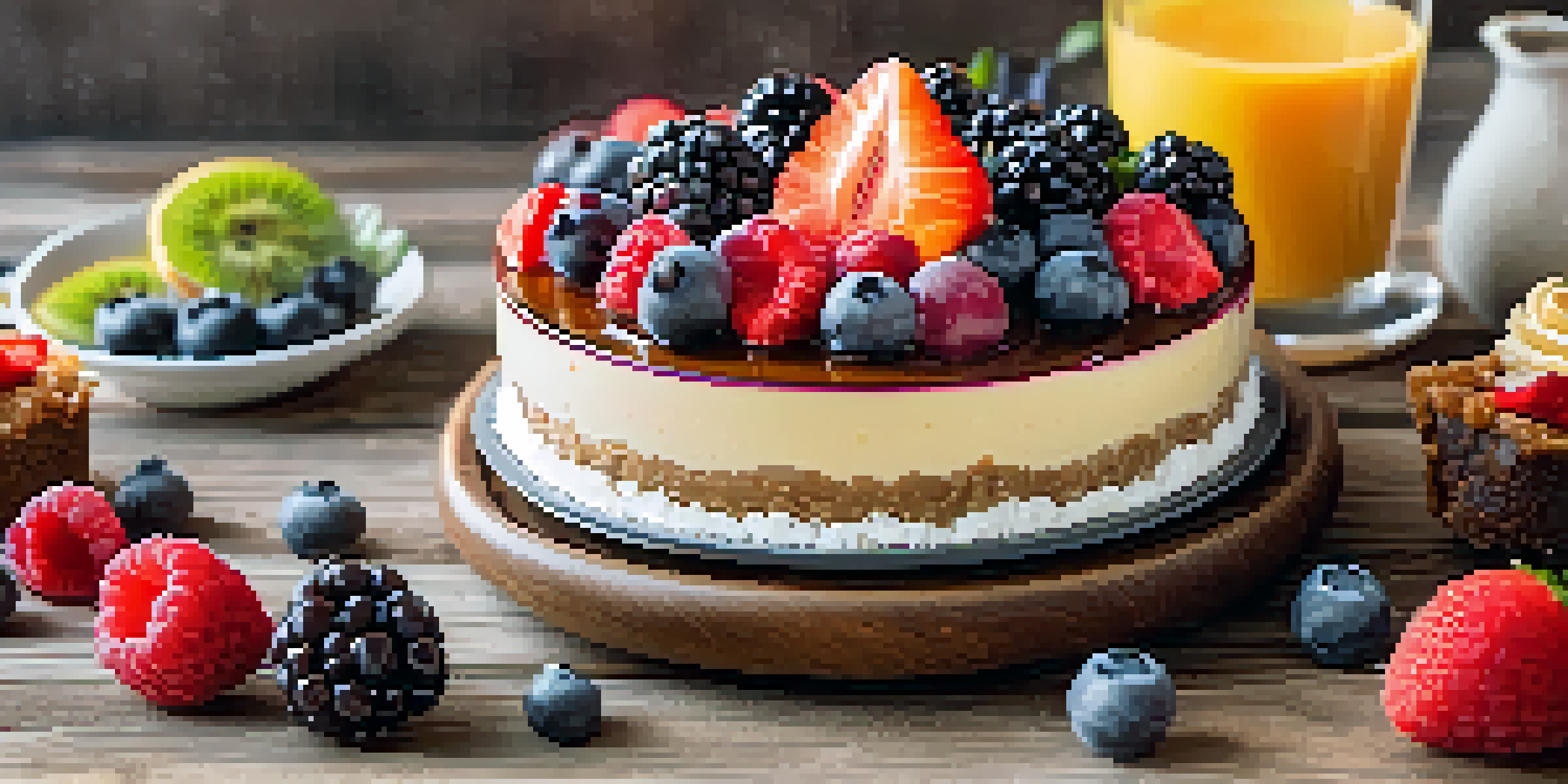 A platter of assorted raw desserts including cheesecakes, energy balls, and fruit tarts, displayed on a wooden table with natural light.
