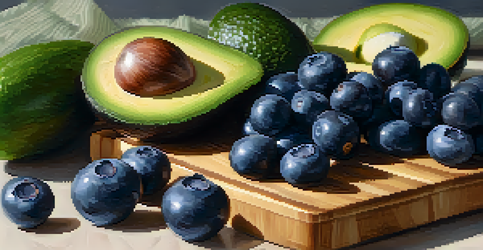 A close-up view of a wooden cutting board with an assortment of raw foods like blueberries, cucumbers, and avocados, set in a softly lit kitchen.
