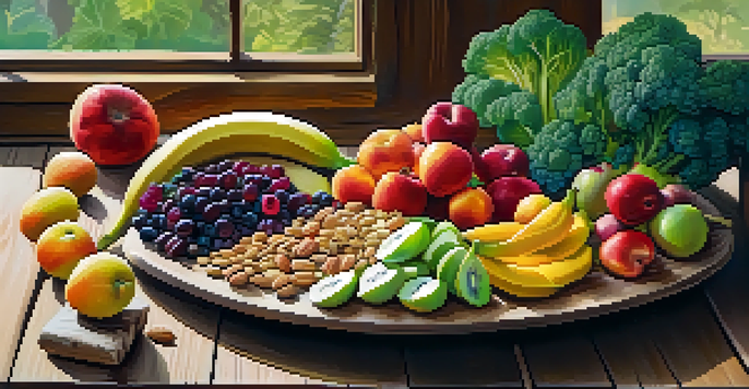 A colorful raw food platter with fruits, vegetables, nuts, and seeds on a wooden table illuminated by natural light.