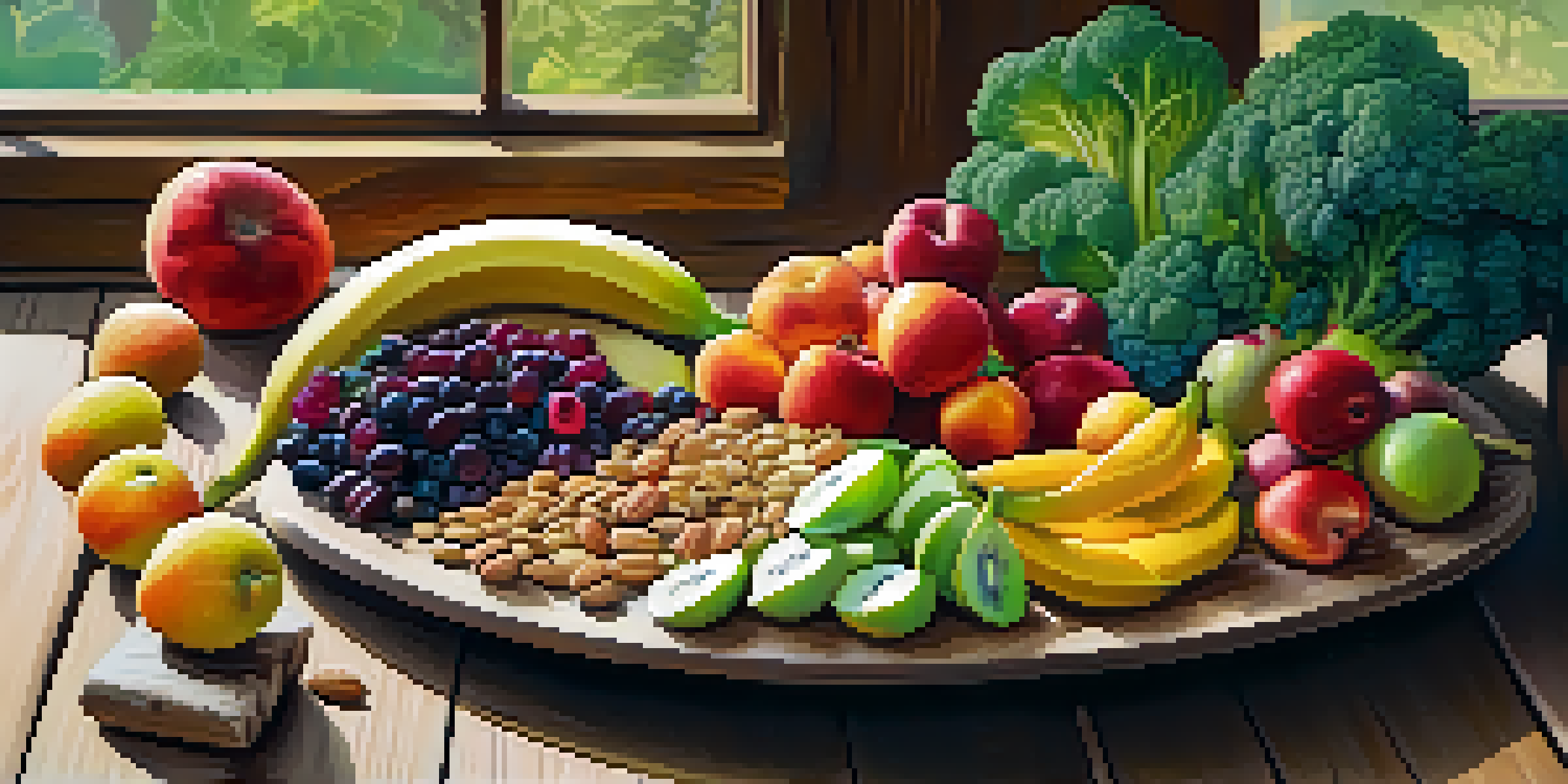 A colorful raw food platter with fruits, vegetables, nuts, and seeds on a wooden table illuminated by natural light.