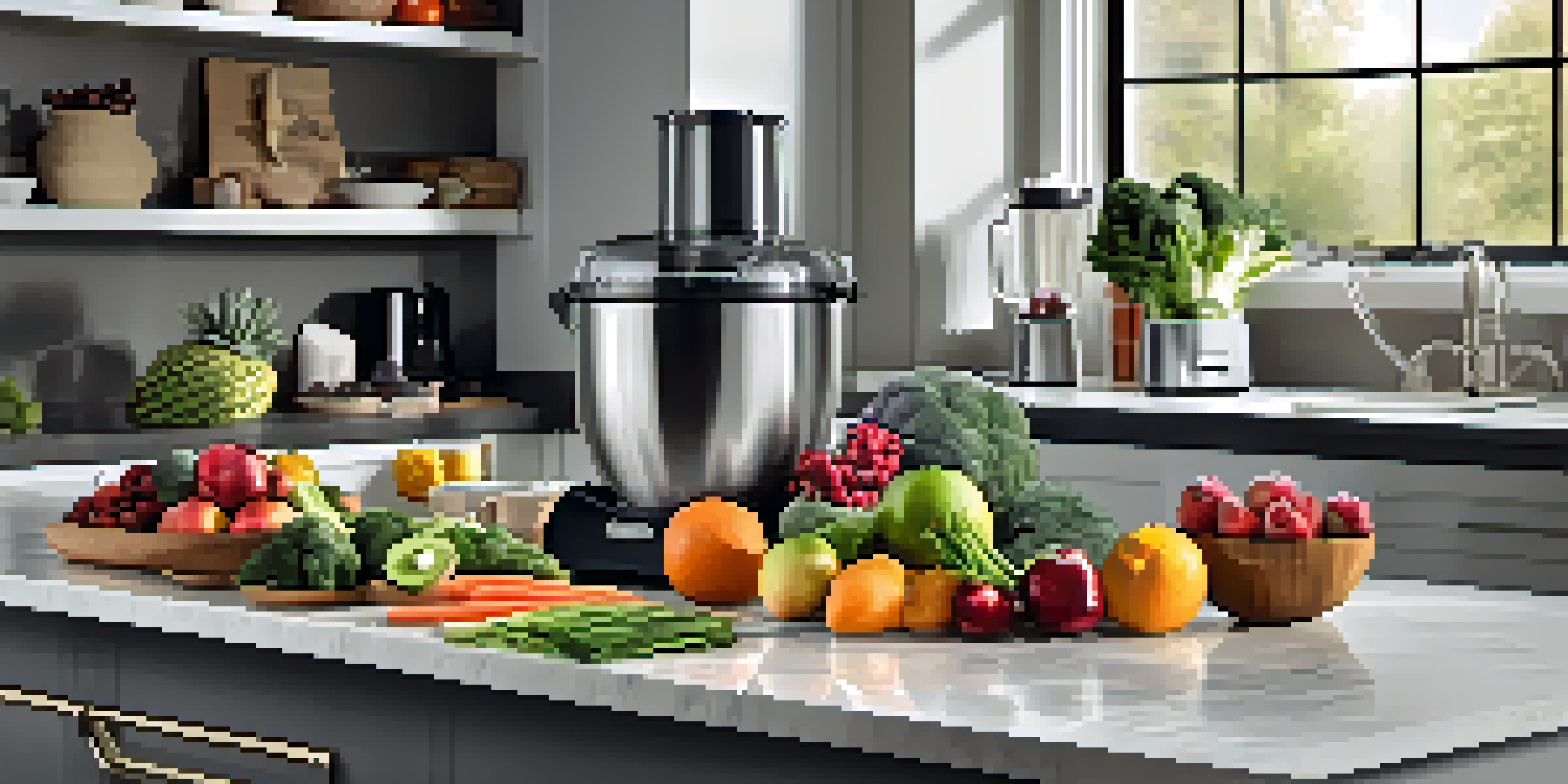 A kitchen countertop showcasing a high-powered blender, fresh fruits, vegetables, and a knife set with natural light illuminating the scene.