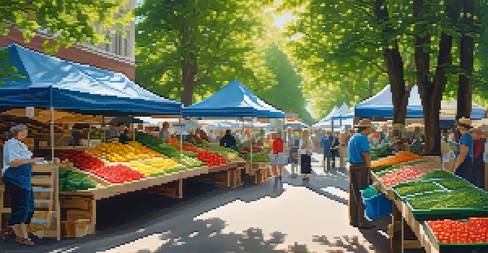 A bustling farmer's market filled with colorful fresh fruits and vegetables, sunlight filtering through the trees.