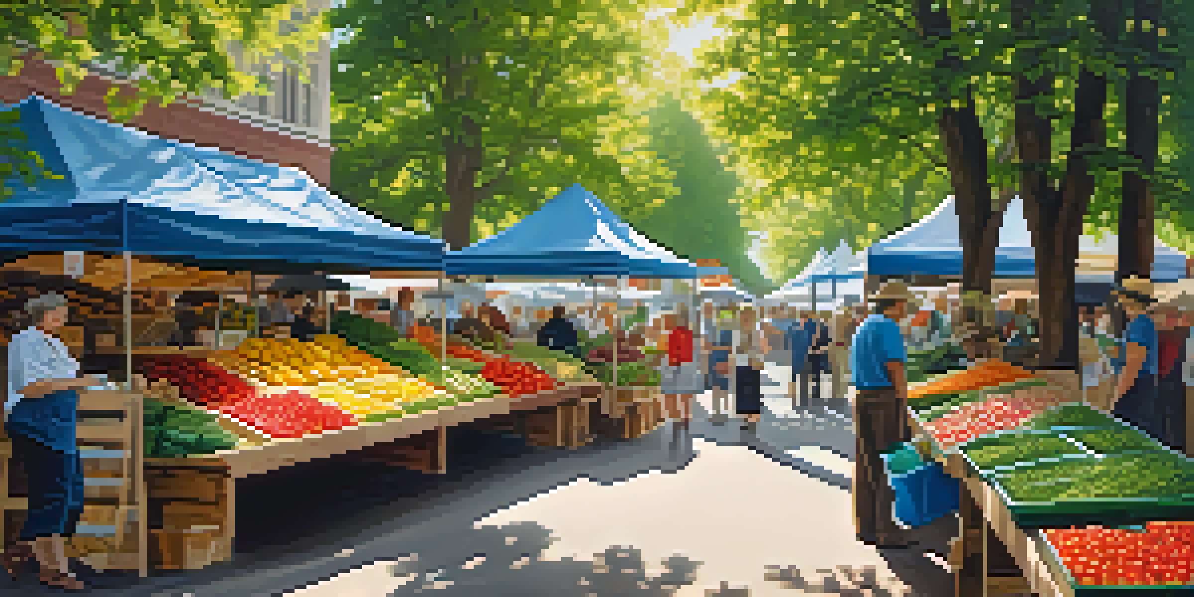 A bustling farmer's market filled with colorful fresh fruits and vegetables, sunlight filtering through the trees.