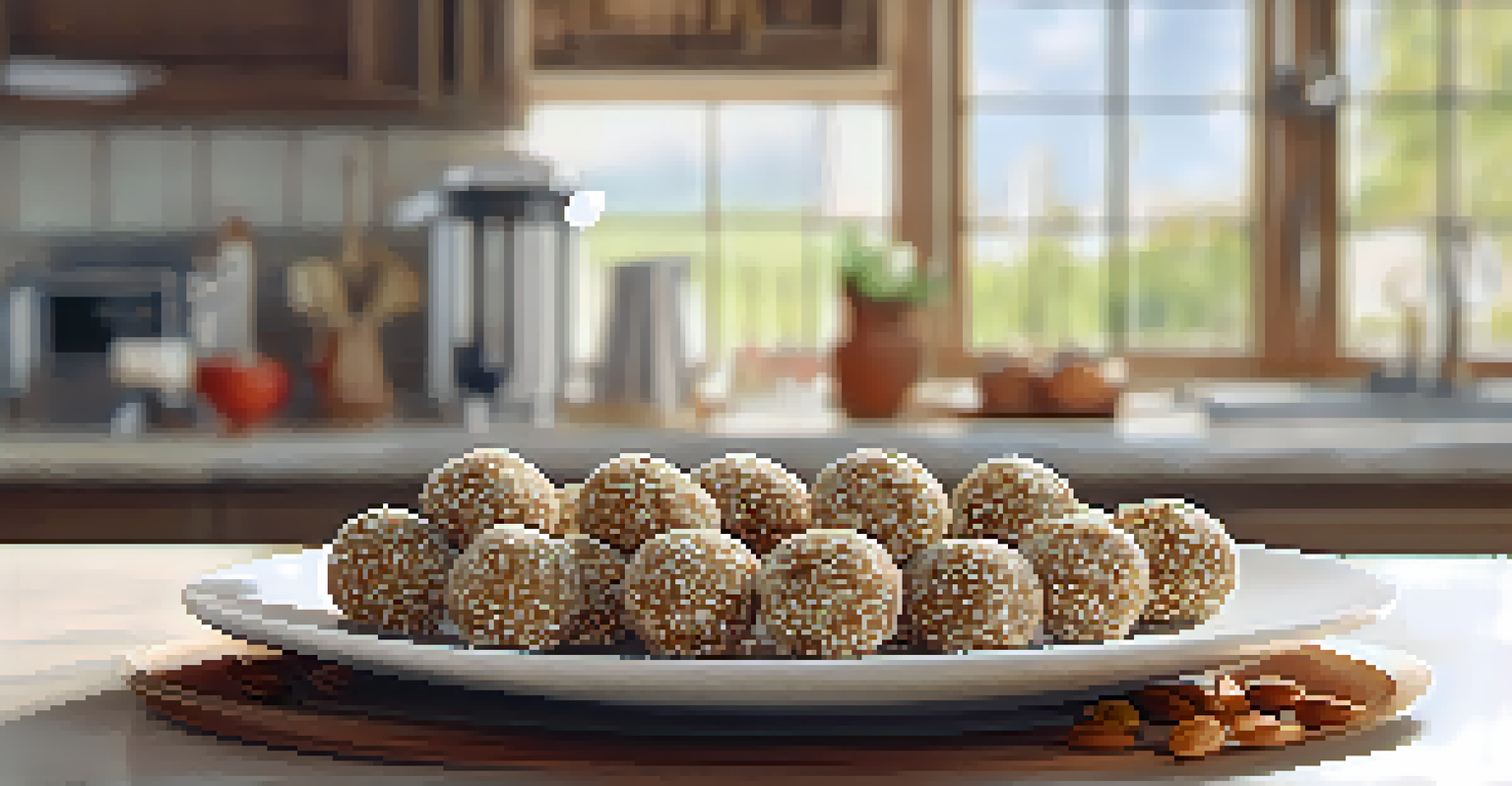 A close-up of raw energy balls on a decorative plate, coated with coconut and seeds, with a blurred kitchen background.