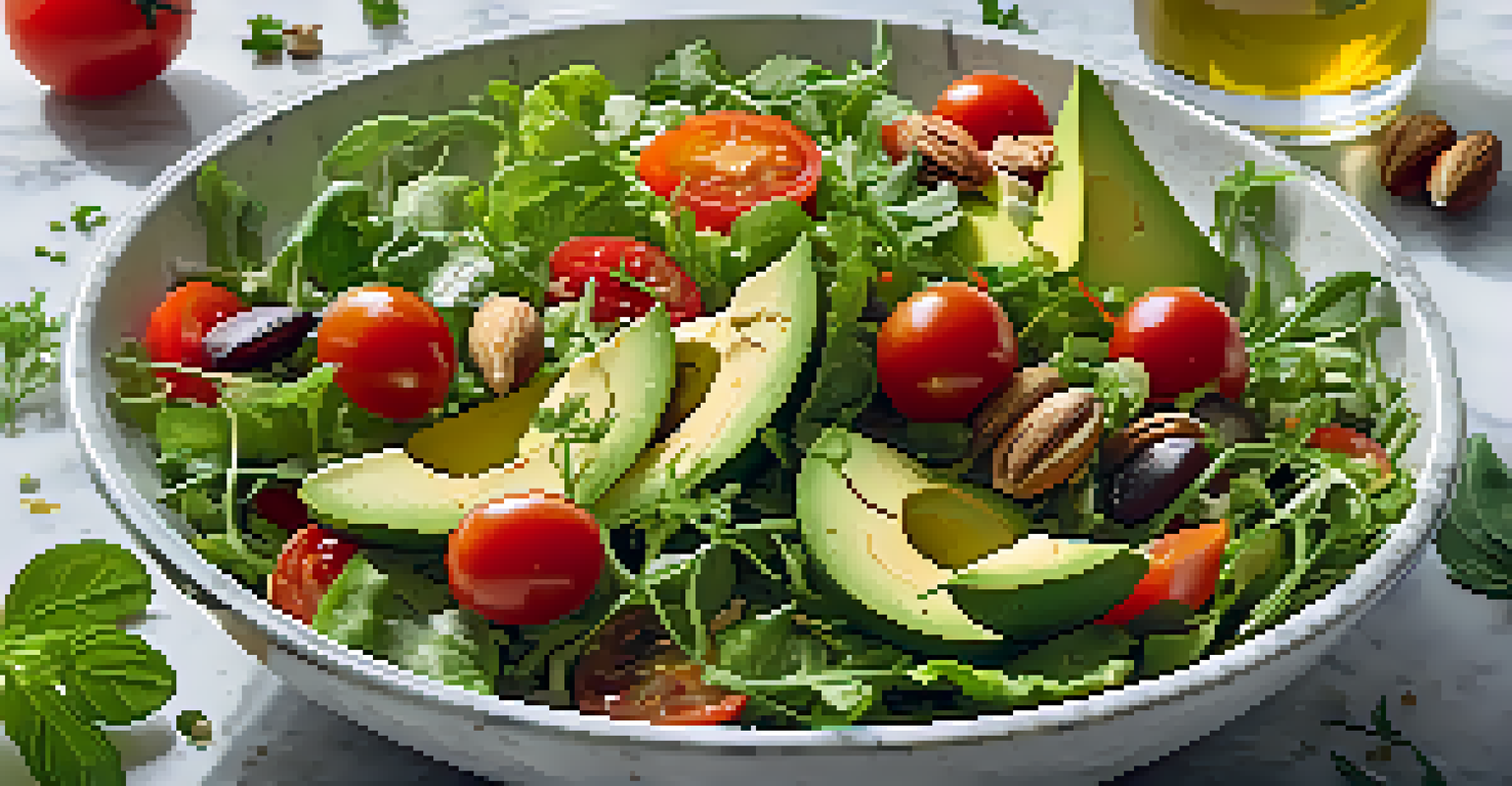 A close-up view of a fresh raw salad with greens, tomatoes, and avocado on a marble countertop.