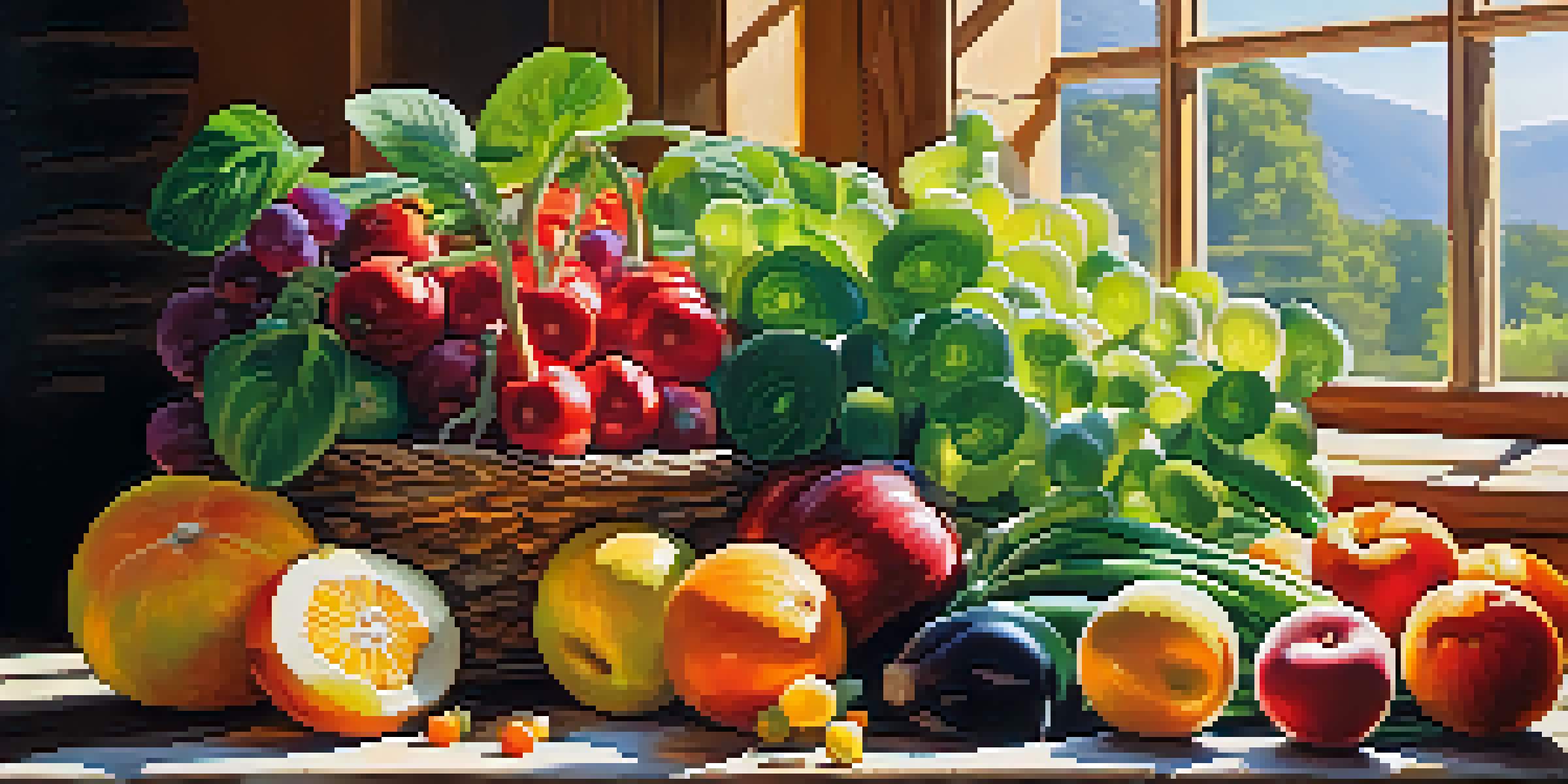 A colorful arrangement of fresh fruits and vegetables on a wooden table, illuminated by sunlight.