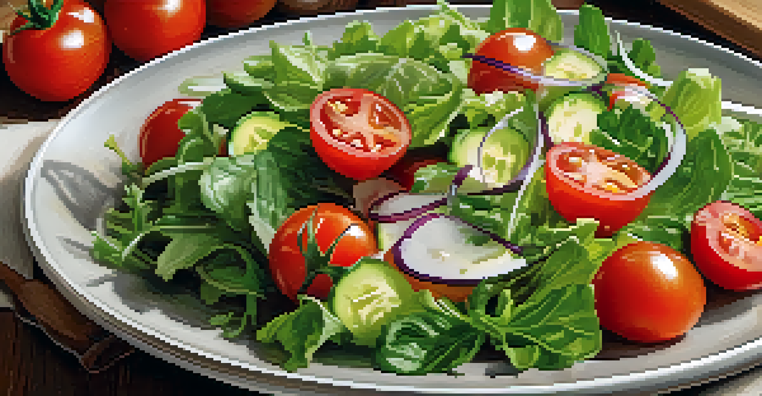 A close-up of a colorful salad bowl with raw ingredients, including greens, tomatoes, and nuts, with a rustic kitchen background.