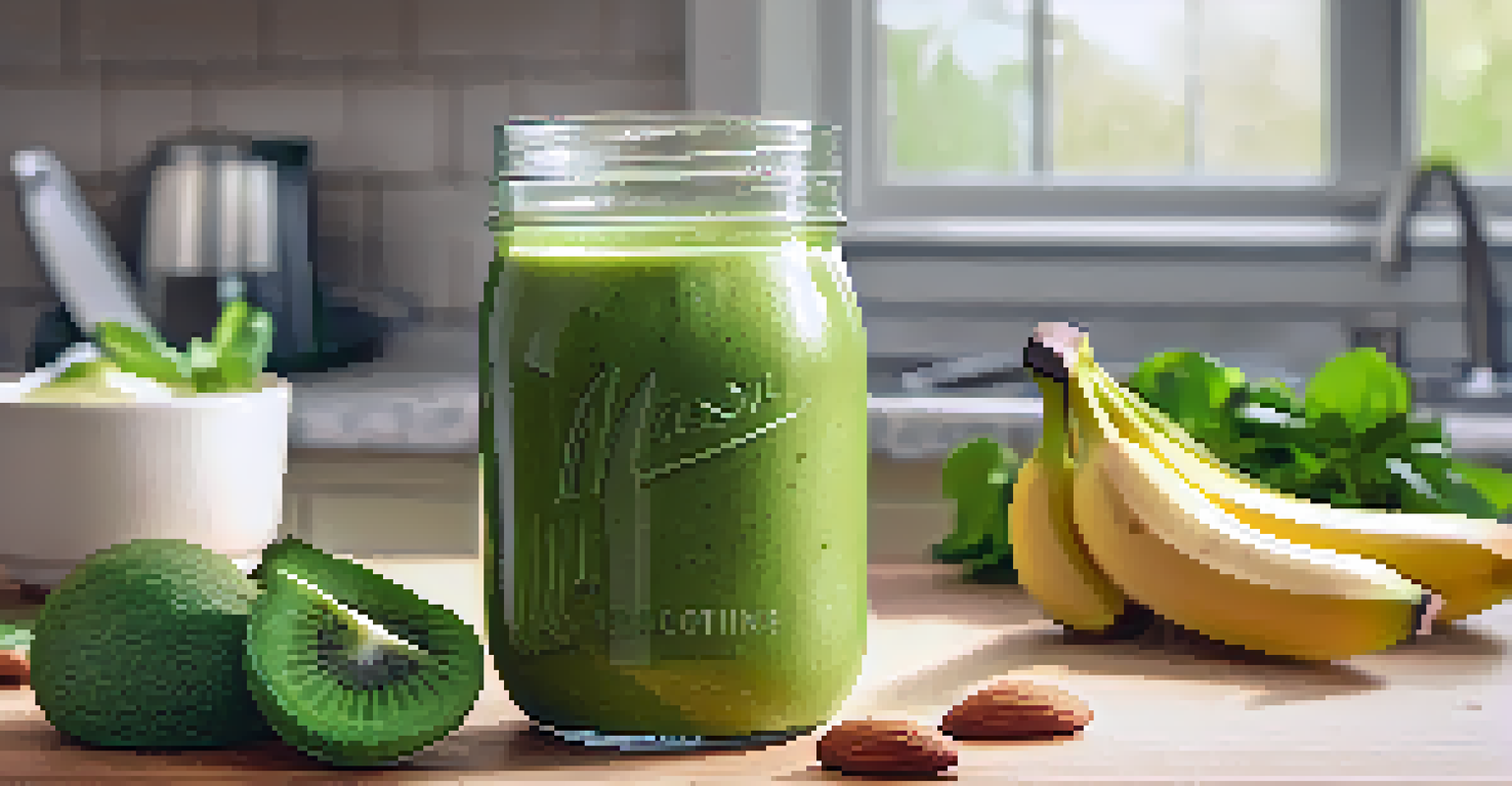 A close-up of a green smoothie in a mason jar, surrounded by fresh ingredients on a bright kitchen countertop.