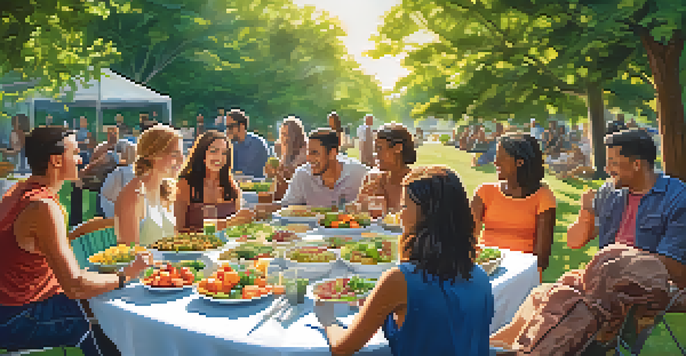 A diverse group of people enjoying a community gathering in a park, sharing colorful raw food dishes under sunlight.