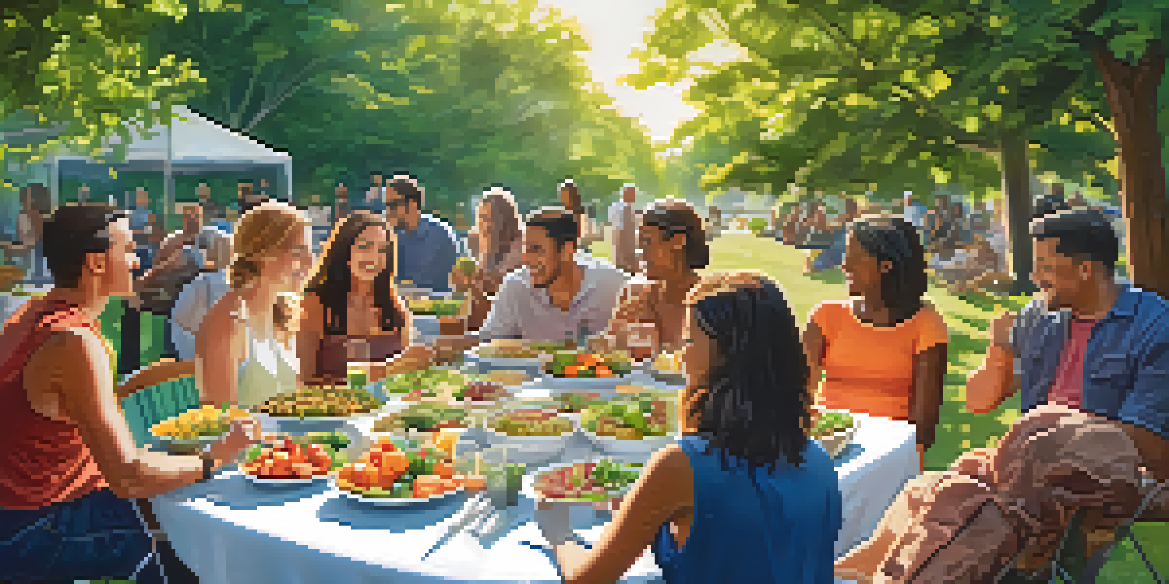 A diverse group of people enjoying a community gathering in a park, sharing colorful raw food dishes under sunlight.