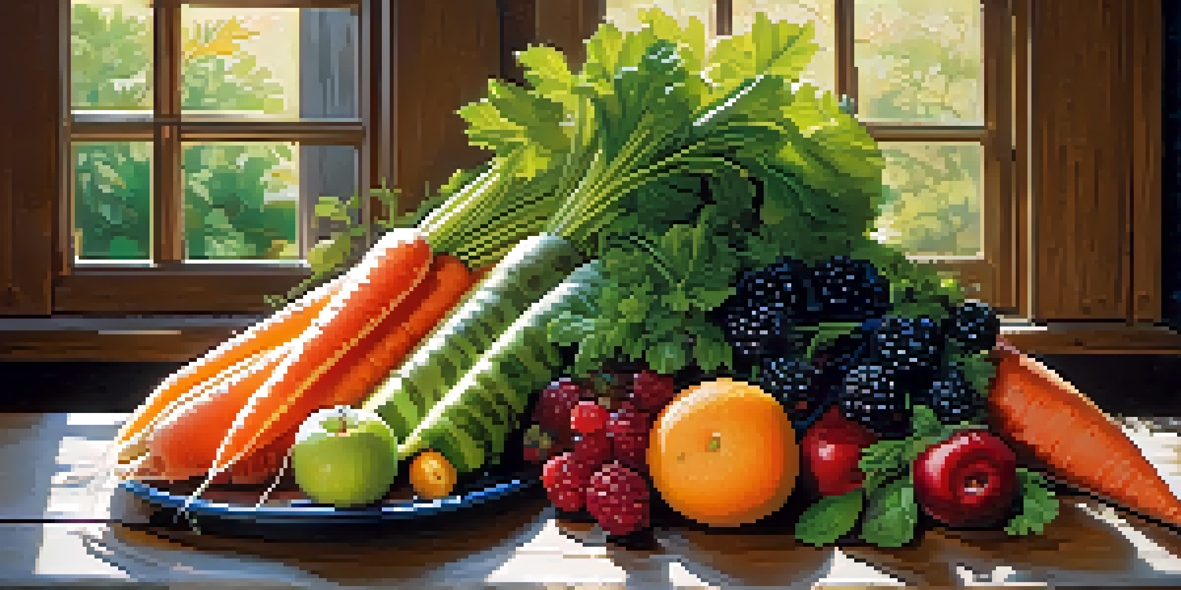 A colorful plate filled with raw fruits and vegetables, including carrots, leafy greens, and berries, arranged on a wooden table with natural sunlight shining on it.