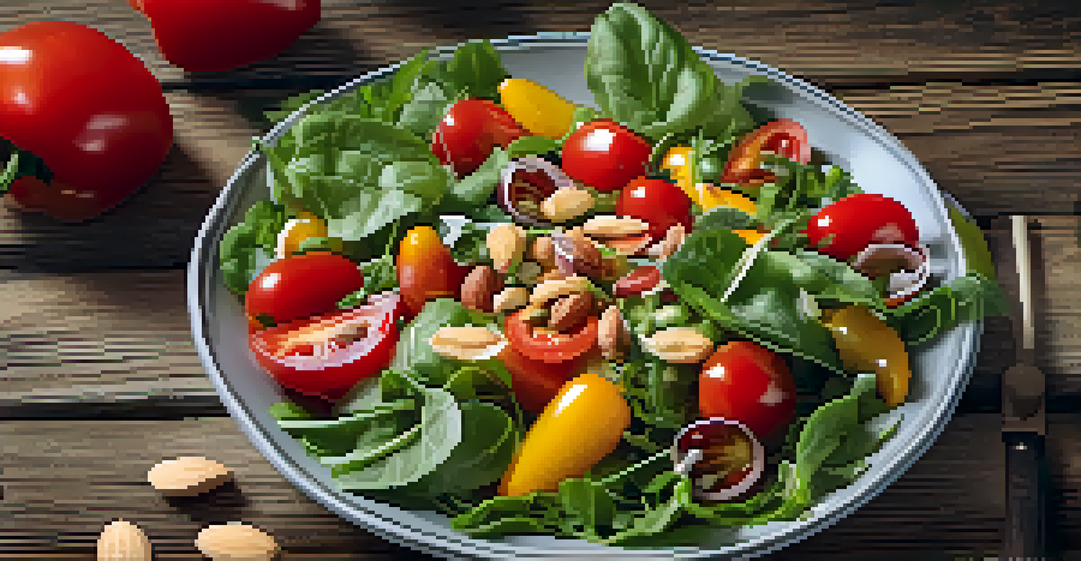 An overhead view of a colorful raw food salad with cherry tomatoes, bell peppers, and leafy greens on a rustic wooden table.