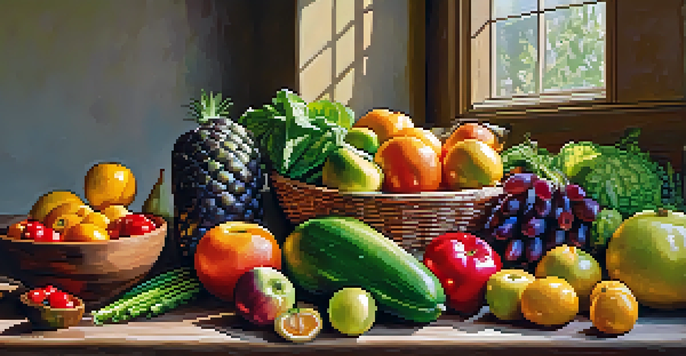 A variety of fresh raw fruits and vegetables artistically arranged on a wooden table, illuminated by soft sunlight.