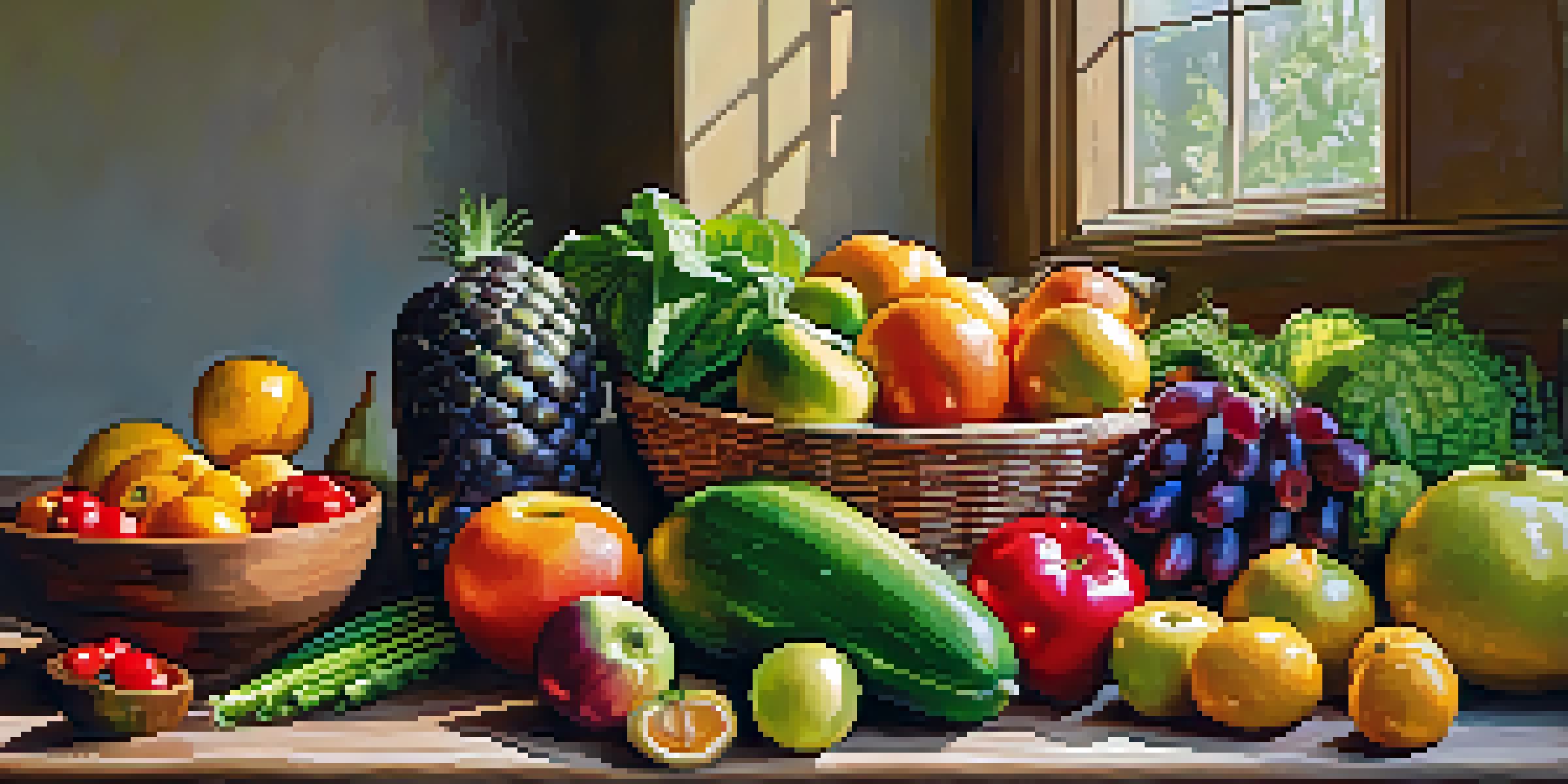 A variety of fresh raw fruits and vegetables artistically arranged on a wooden table, illuminated by soft sunlight.