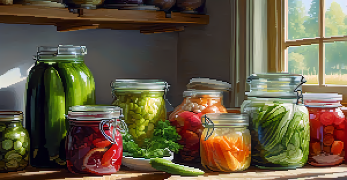 A colorful kitchen counter displaying jars of pickles and sauerkraut, surrounded by fresh vegetables and herbs, illuminated by soft natural light.