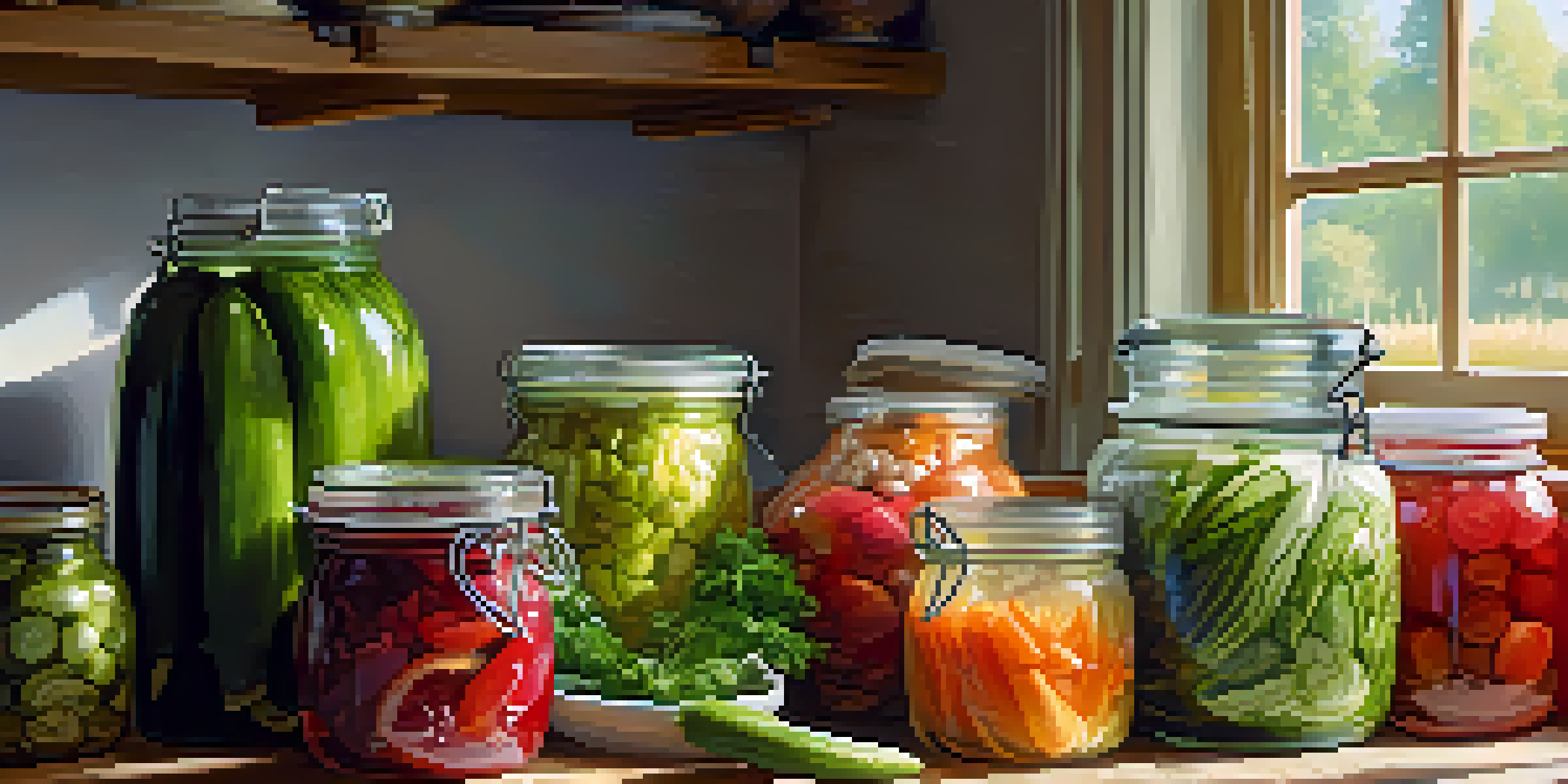 A colorful kitchen counter displaying jars of pickles and sauerkraut, surrounded by fresh vegetables and herbs, illuminated by soft natural light.