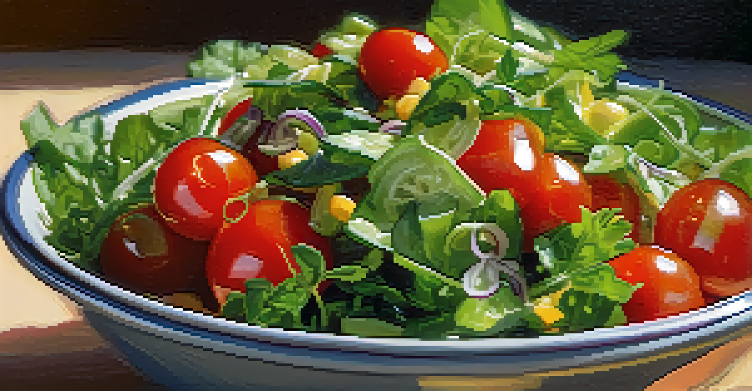 A close-up of a colorful salad with fresh herbs, leafy greens, and cherry tomatoes in a bowl.