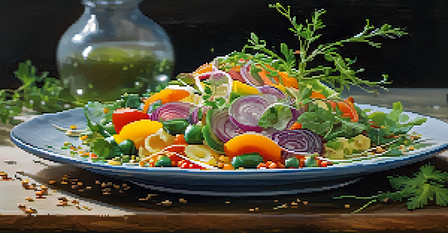 An elegantly plated raw food dish with colorful vegetables and herbs on a rustic ceramic plate, highlighted by natural light.