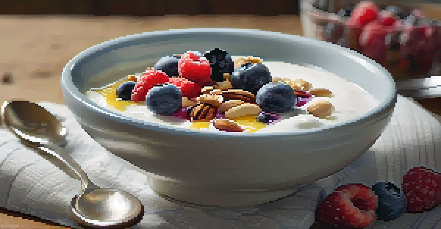 A close-up of a delicious breakfast bowl with yogurt, fresh berries, and nuts, set on a rustic table with morning light.
