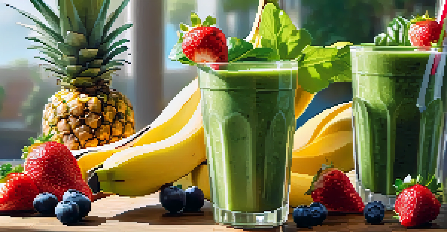A refreshing smoothie in a clear glass made with bananas, strawberries, and spinach, surrounded by whole fruits and leafy greens on a wooden table.