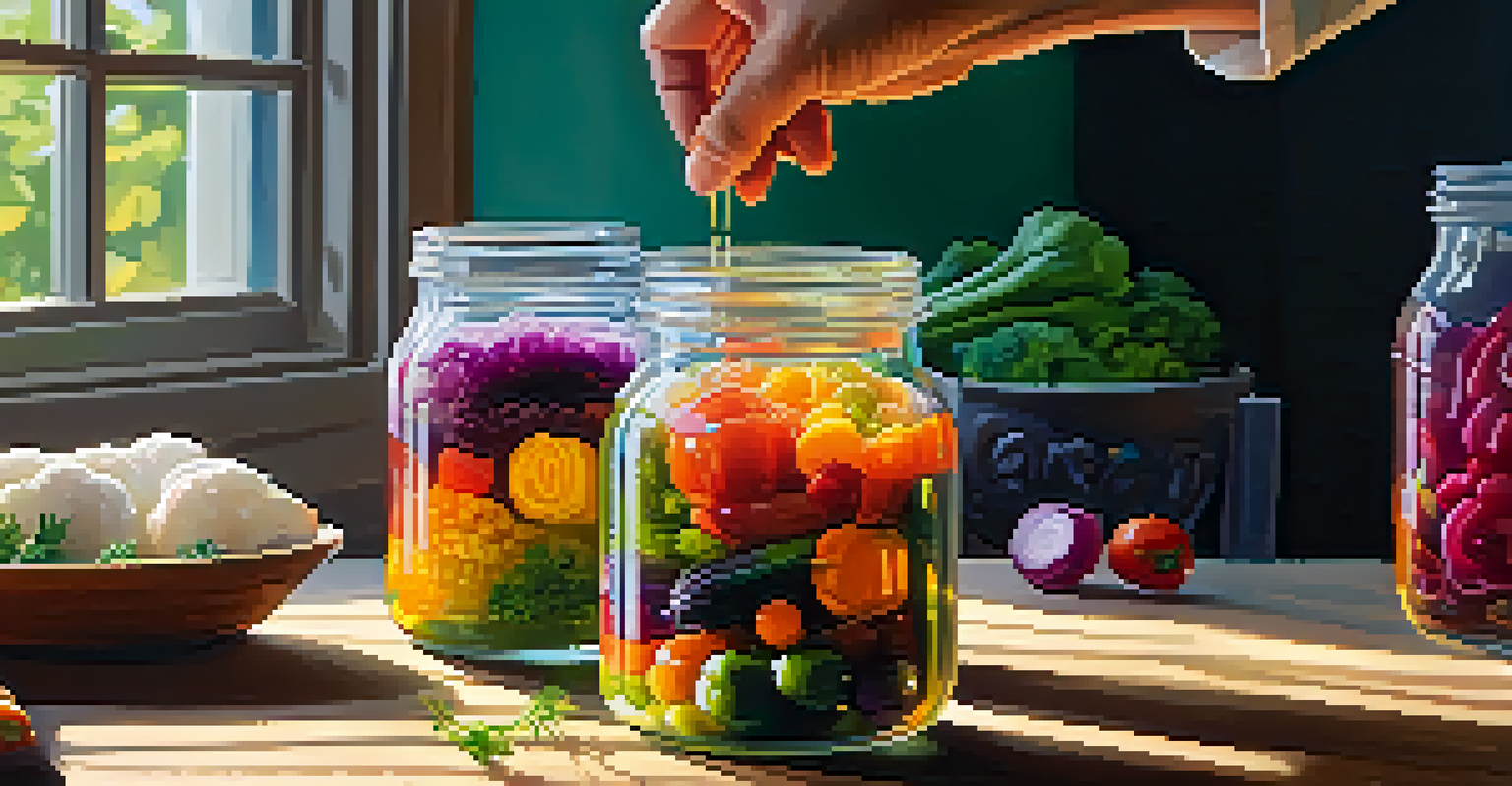 A close-up of a hand inspecting a jar of fermenting vegetables, with visible bubbles and vibrant colors, illuminated by sunlight.