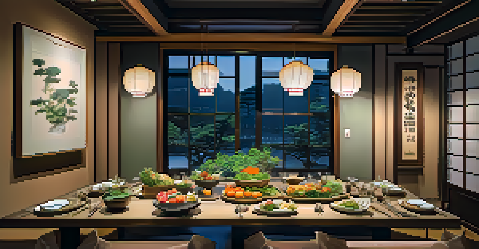 An elegantly arranged table with beautifully presented raw food dishes and seasonal ingredients, set against traditional Japanese decor.
