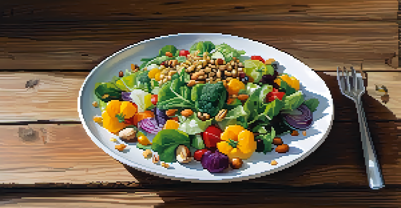 A beautifully arranged plate of raw salad with colorful vegetables, nuts, and seeds on a wooden table, illuminated by natural light.