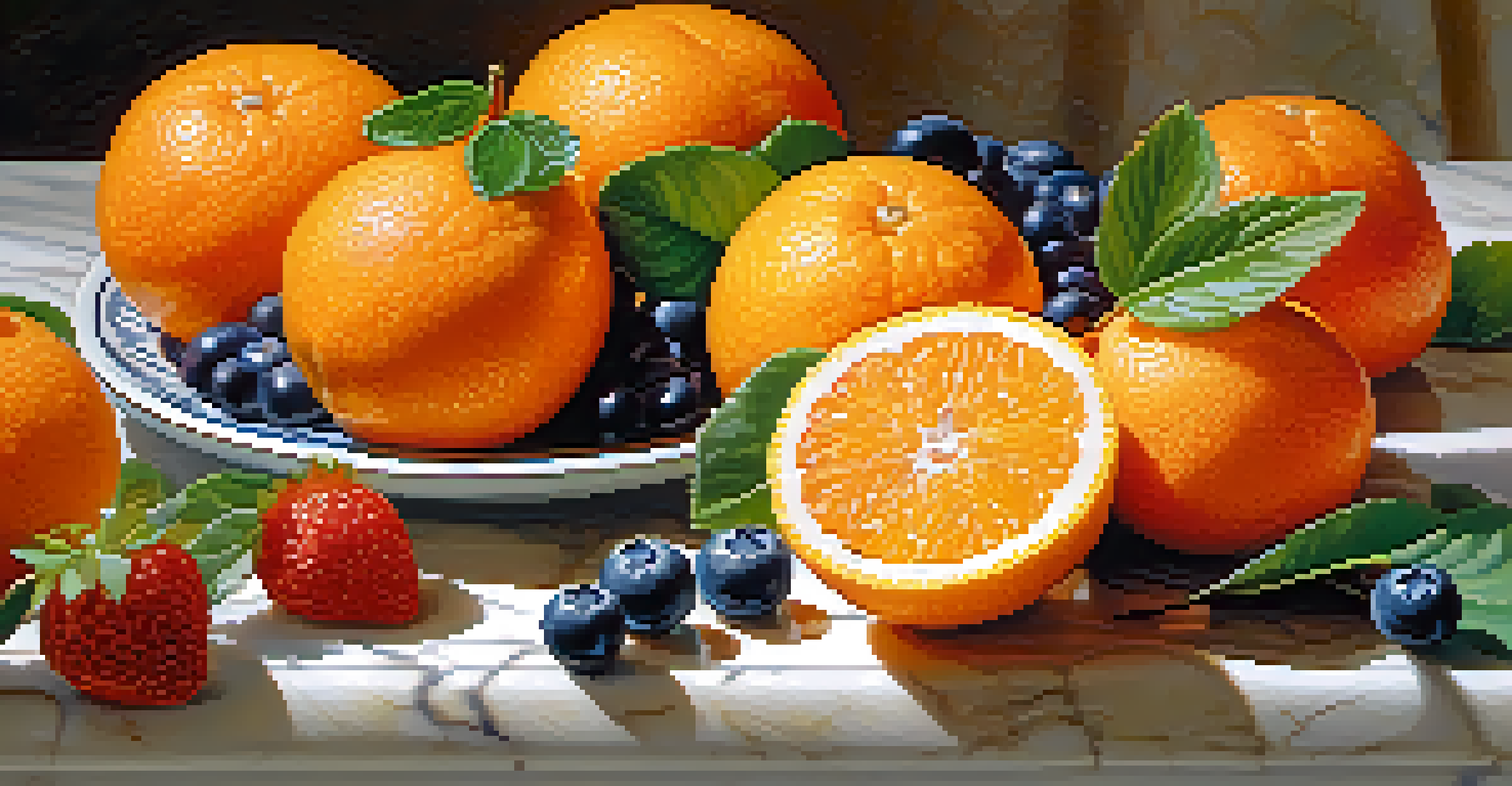 Fresh oranges, strawberries, and blueberries arranged on a marble countertop, glistening with water droplets in soft sunlight.