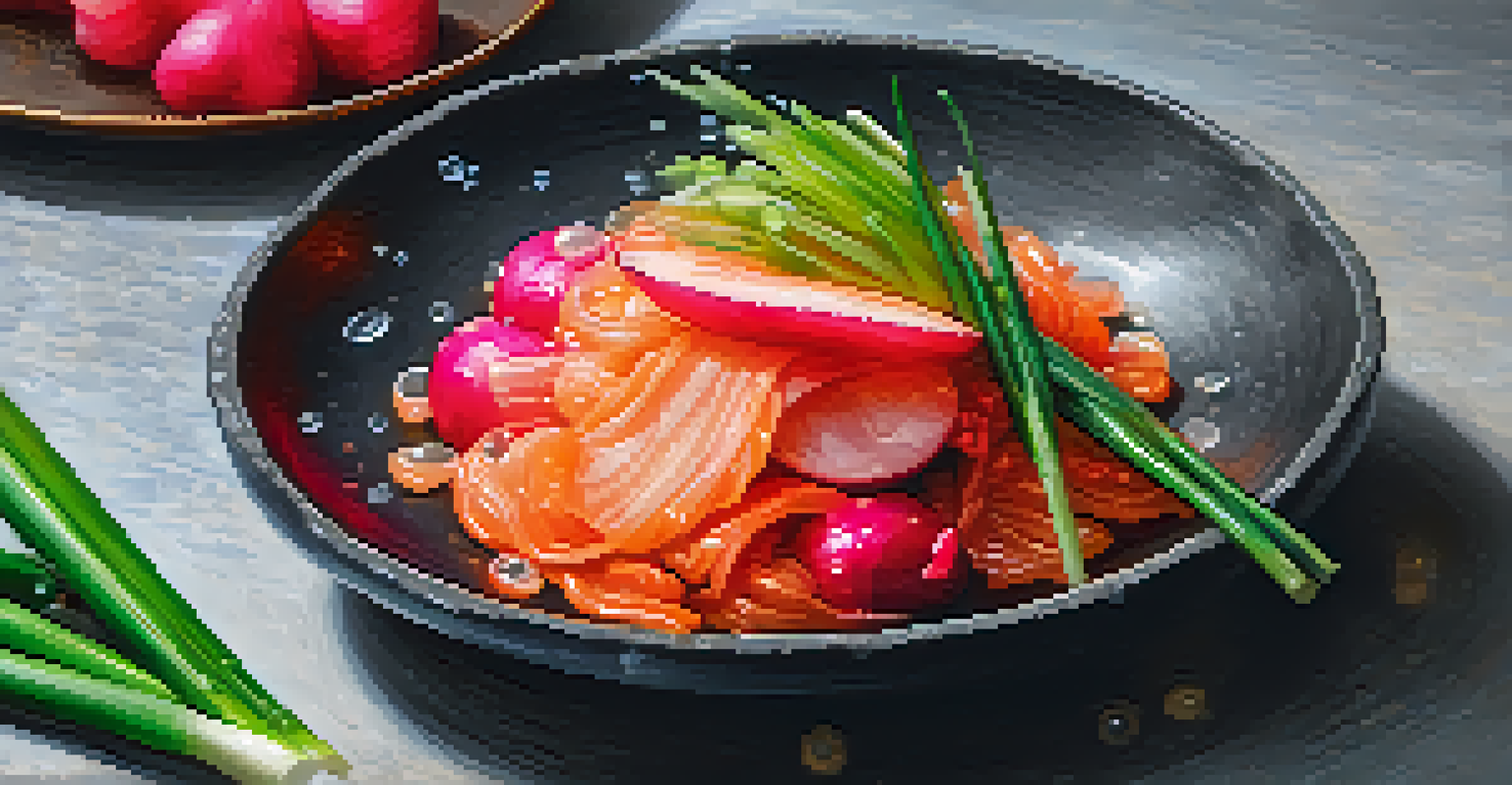 A close-up of kimchi on a slate plate, with fresh vegetables in the blurred background.